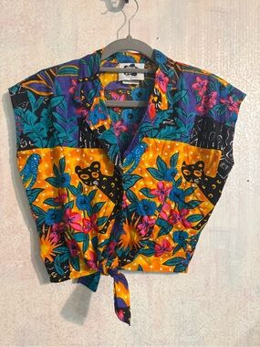 Vtg Hilo Hattie Tropical Tie-Front Crop Top in Orange, Teal, Purple, Summertime